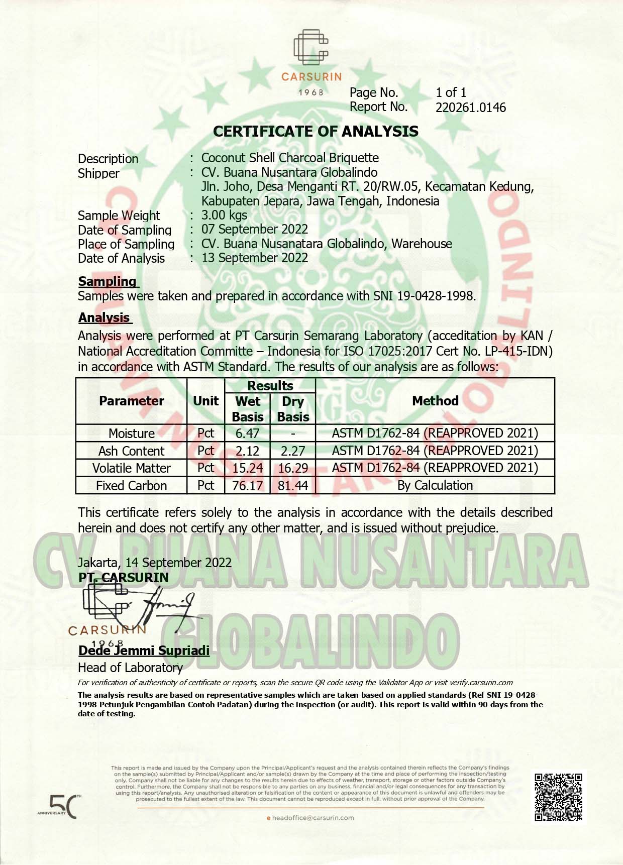 Certificate of Analysis